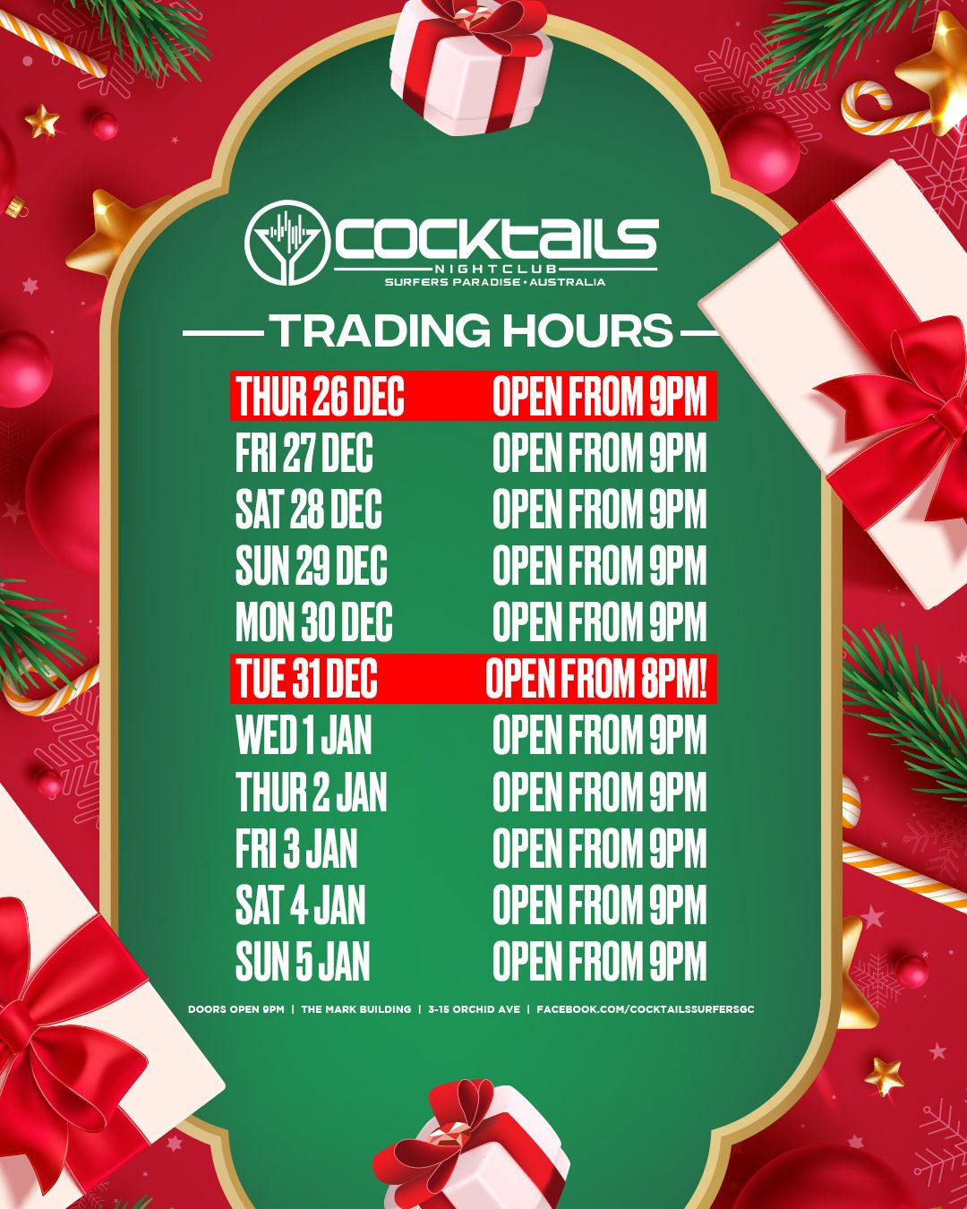 Cover image for COCKTAILS CHRISTMAS & NEW YEAR TRADING HOURS